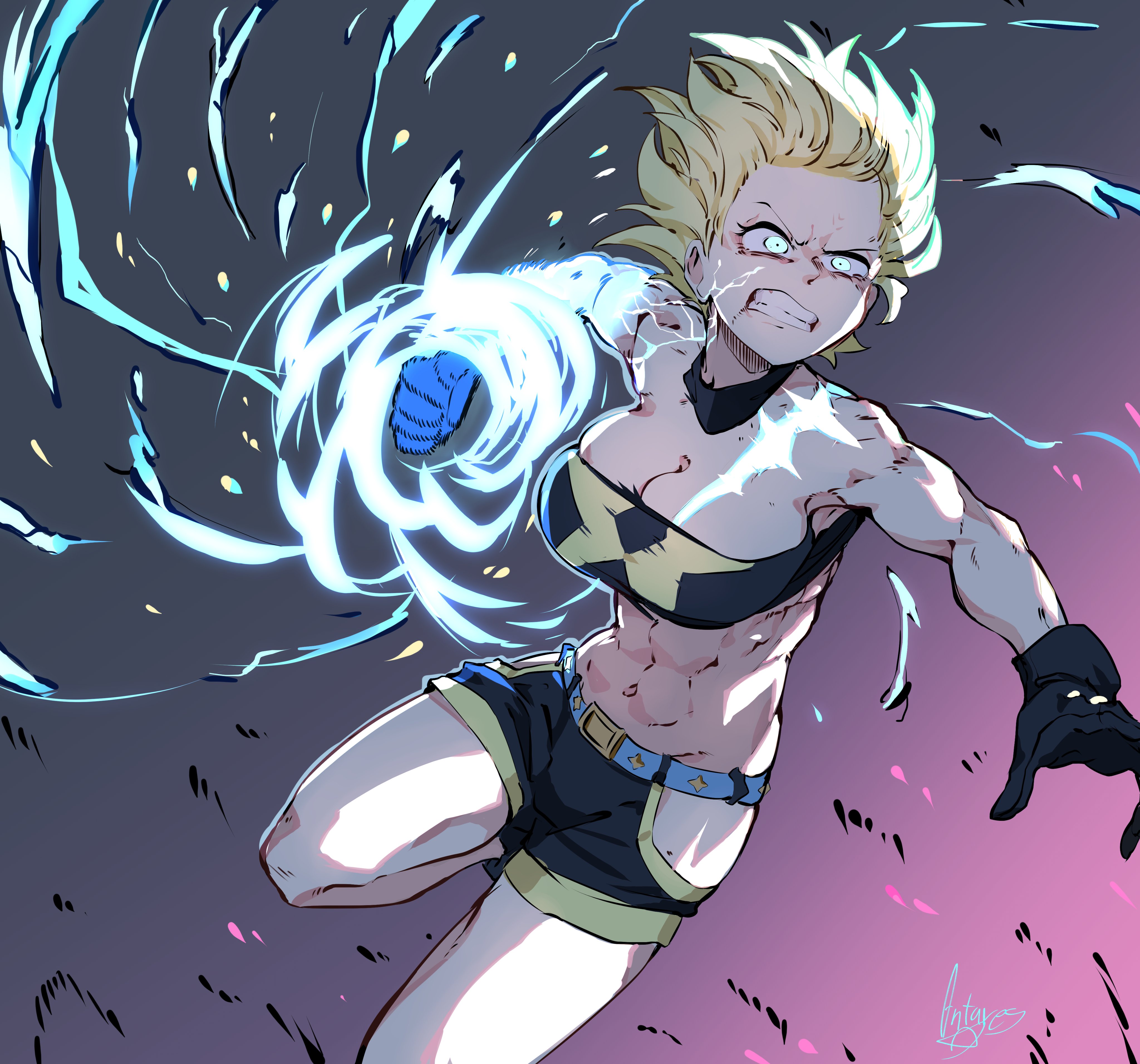 1girl abs absurdres antares_topaz bandeau belt black_bandeau black_gloves black_shorts blonde_hair blue_eyes clenched_teeth fighting_stance gloves highres hip_vent incoming_attack incoming_punch lightning muscular muscular_female punching shorts solo teeth topaz_(antares_topaz)