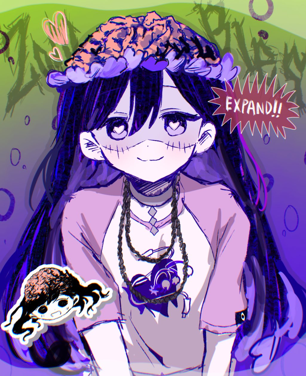 ! !! 1girl arms_at_sides brain bright_pupils bubble choker closed_mouth colored_skin commentary double-parted_bangs english_commentary english_text exposed_brain flower flower_wreath gradient_background green_background grey_choker hair_behind_ear hair_between_eyes heart heart-shaped_pupils highres jewelry long_hair looking_at_viewer mari_(headspace)_(omori) mari_(omori) migimiya_yoru necklace omori purple_background purple_eyes purple_flower purple_hair purple_shirt shaded_face shirt short_sleeves simple_background smile solo stitched_face stitches symbol-shaped_pupils two-tone_shirt white_pupils white_shirt white_skin zombie_(vocaloid)