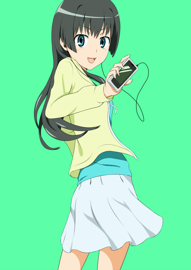 1girl :d black_hair blue_eyes blue_shirt cable cd_player commentary_request cowboy_shot earbuds earphones from_side grey_background hand_up holding jack-barro jacket light_blush long_hair long_sleeves looking_at_viewer miniskirt open_mouth partial_commentary pleated_skirt saten_ruiko shirt sidelocks simple_background skirt smile solo standing toaru_kagaku_no_railgun toaru_majutsu_no_index white_shirt yellow_jacket