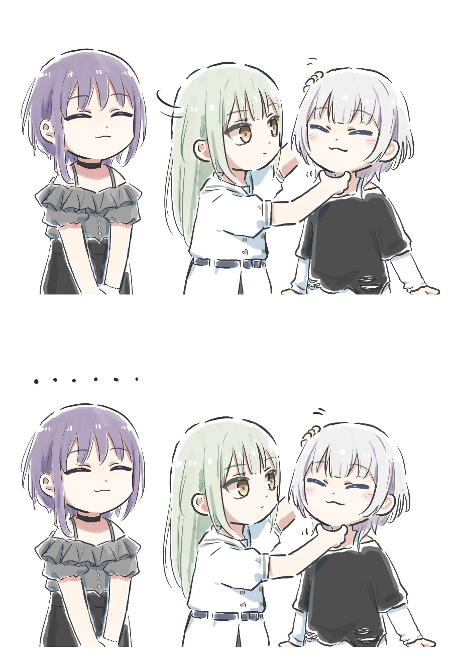 ... 3girls bang_dream! bang_dream!_it&#039;s_mygo!!!!! belt black_choker black_shirt blue_belt blush choker closed_eyes closed_mouth commentary dress frilled_shirt frills green_hair grey_shirt headpat highres kaname_raana layered_sleeves long_hair long_sleeves lyy mortis_(bang_dream!) mortis_(persona)_(bang_dream!) multiple_girls purple_hair school_uniform scratching_chin shirt short_hair short_over_long_sleeves short_sleeves smile symbol-only_commentary trait_connection tsukinomori_school_uniform wakaba_mutsumi white_dress white_hair white_shirt yellow_eyes yuutenji_nyamu