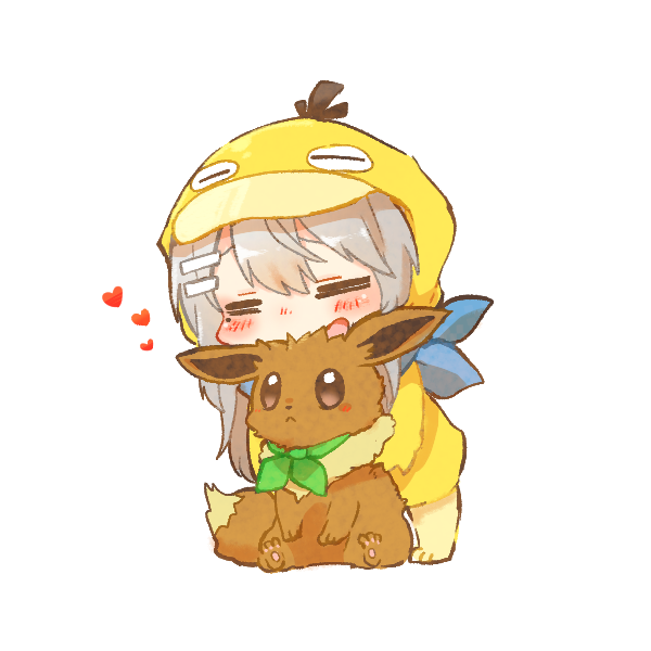 1girl =_= blush_stickers brown_eyes chibi closed_eyes cosplay crossover duck_costume duck_hood eevee gen_1_pokemon grey_hair hair_between_eyes hair_ornament hairclip heart higuchi_kaede hood hood_up nijisanji nintendo open_mouth pokemon pokemon_(creature) psyduck psyduck_(cosplay) rebecca_(keinelove) simple_background virtual_youtuber white_background
