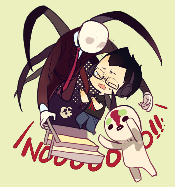 2boys bad_id bad_pixiv_id bald black_hair closed_eyes english_text faceless formal_clothes glasses headphones jotman male_focus markiplier multiple_boys necktie outstretched_arms scp-087-1 scp-173 scp_foundation simple_background slender_man stairs streamer suit sweatdrop tears youtube