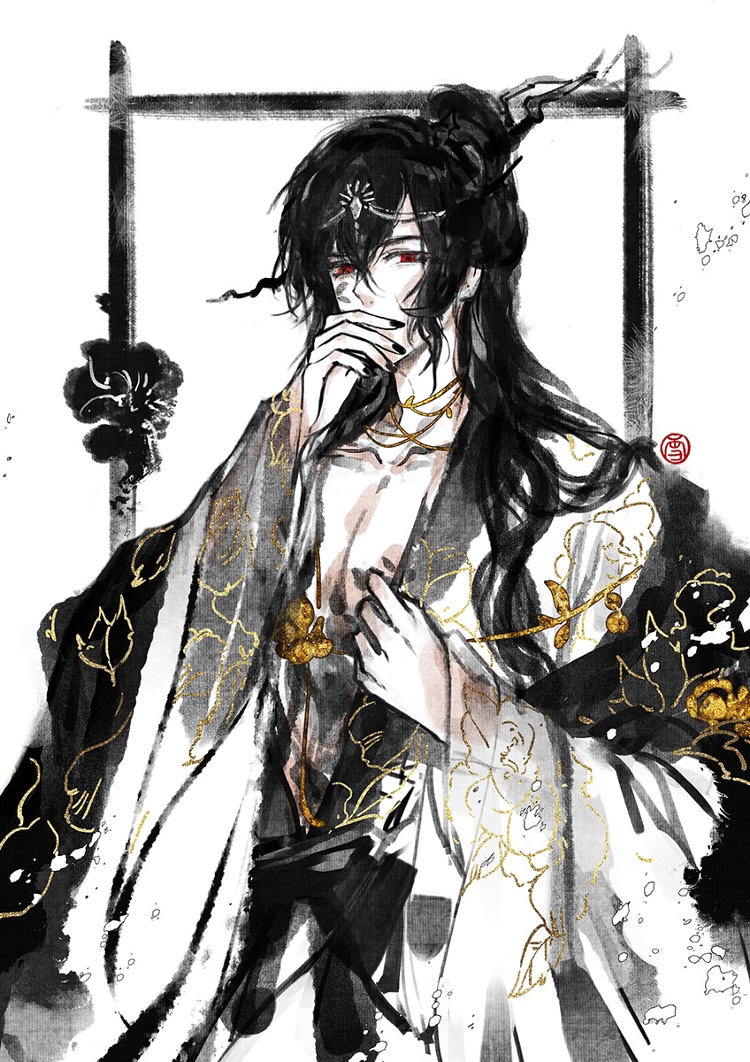 1boy ayn_alwyn black_hair black_nails black_sash black_shawl branch chinese_clothes collarbone covering_own_mouth facial_tattoo floral_print hair_between_eyes hair_bun hair_ornament hair_stick half_updo hanfu head_chain highres jewelry limited_palette long_hair long_sleeves looking_at_viewer lovebrush_chronicles male_focus nail_polish outside_border pectoral_cleavage pectorals petals plunging_neckline red_eyes robe sash seal_impression shawl sideways_glance single_hair_bun solo standing tattoo very_long_hair wavy_hair white_background white_robe wide_sleeves xuedaixun
