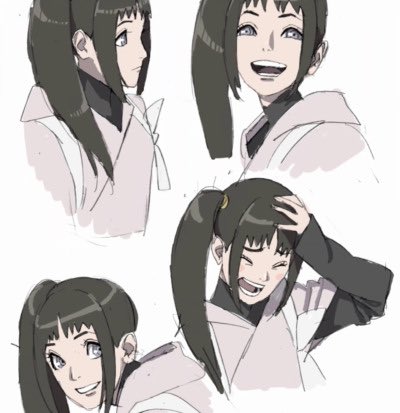 1girl blush brown_hair concept_art multiple_expressions facial_expressions female_focus grey_eyes hand_on_own_head happy japanese_clothes kara_(star_wars) kimono lowres multiple_views official_art open_mouth ponytail production_i.g production_ig ribbon short_hair side_ponytail sideways silly_face sketch smile star_wars star_wars:_visions teeth tongue white_background