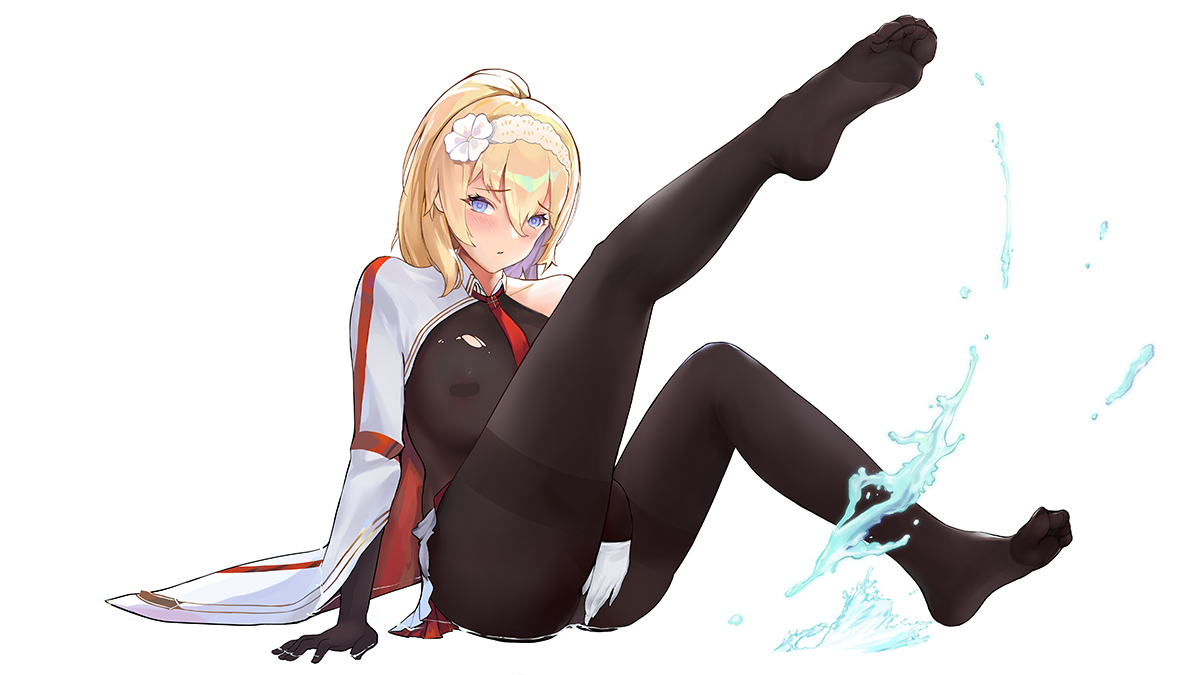 1girl ass bare_shoulders black_gloves black_pantyhose blonde_hair blue_eyes blush breasts covering_privates covering_crotch duke_of_york_(warship_girls_r) gloves hair_between_eyes hairband large_breasts leg_up long_hair looking_at_viewer panties panties_under_pantyhose pantyhose pasties simple_background solo thighband_pantyhose underwear warship_girls_r white_background white_gloves wuguno_ziran_juan