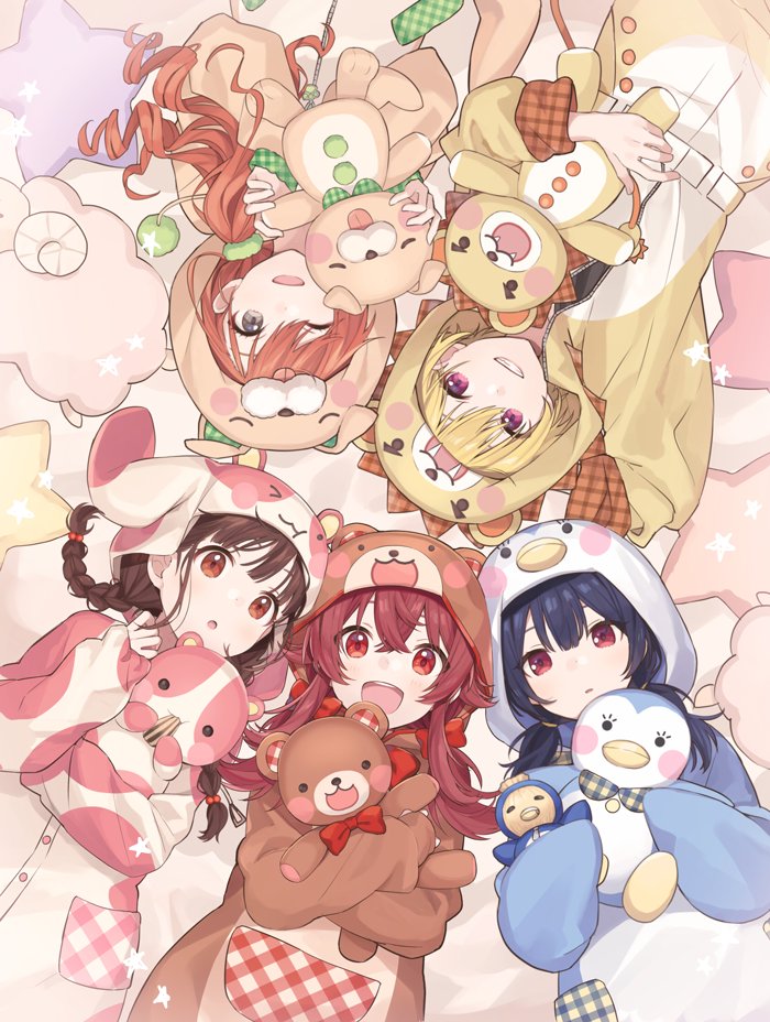 5girls :o arisugawa_natsuha bed blonde_hair blue_hair blue_pajamas blush braid brown_eyes brown_hair brown_pajamas checkered_clothes chiri_(ch!) commentary cosplay dark_blue_hair from_above grey_eyes grin hair_between_eyes hair_flaps houkago_climax_girls_(idolmaster) idolmaster idolmaster_shiny_colors kigurumi komiya_kaho long_hair looking_at_viewer low_side_ponytail low_twintails lying morino_rinze multiple_girls one_eye_closed open_mouth orange_hair pajamas parted_lips pink_eyes pink_pajamas red_eyes red_hair saijo_juri seed short_hair sidelocks smile sonoda_chiyoko star-shaped_pillow star_(symbol) stuffed_animal stuffed_dog stuffed_hamster stuffed_lion stuffed_penguin stuffed_sheep stuffed_toy sunflower_seed symbol-only_commentary teddy_bear teeth twin_braids twintails upper_teeth_only yellow_pajamas