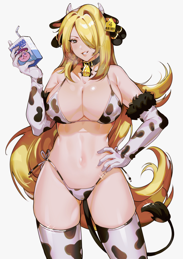 1girl animal_print bikini blonde_hair bra breasts chariko cleavage cow_print cow_print_bikini cynthia_(pokemon) gen_2_pokemon gluteal_fold hand_on_own_hip highleg highleg_panties huge_breasts long_hair milk miltank neck_bell nintendo panties pokemon pokemon_(creature) pokemon_dppt print_bikini smile solo swimsuit thighhighs underwear very_long_hair