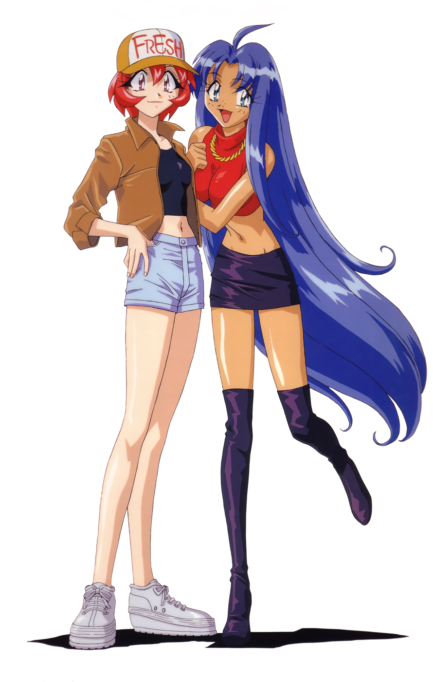 1990s_(style) 2girls ahoge arm_hug baseball_cap black_legwear blue_eyes blue_hair boots cacao_(lamune) clothes_writing dark-skinned_female dark_skin denim denim_shorts full_body hand_in_pocket hand_on_own_hip hat highres jacket leg_up long_hair looking_at_viewer midriff multiple_girls navel non-web_source official_art open_clothes open_jacket open_mouth parfait_(lamune) pencil_skirt red_eyes red_hair retro_artstyle shoes short_hair shorts simple_background skirt three-quarter_sleeves smile sneakers standing thigh_boots thighhighs very_long_hair vs_knight_lamune_&amp;_40_fresh white_background white_footwear