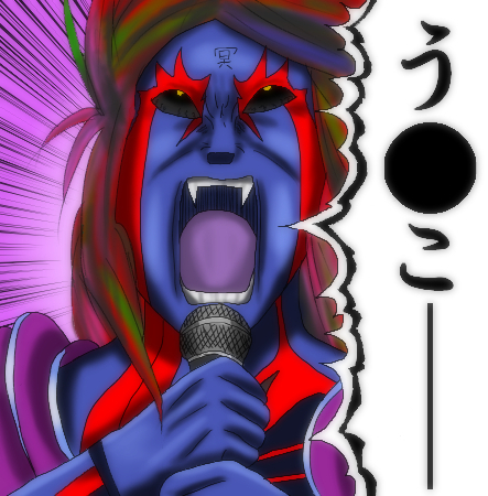 1boy black_sclera colored_sclera colored_skin fangs green_hair hades_(kid_icarus) image_sample kamiwokoesim kid_icarus kid_icarus_uprising looking_up lowres male_focus microphone multicolored_hair music nintendo open_mouth pixiv_sample purple_hair purple_skin red_hair singing solo tattoo yellow_eyes