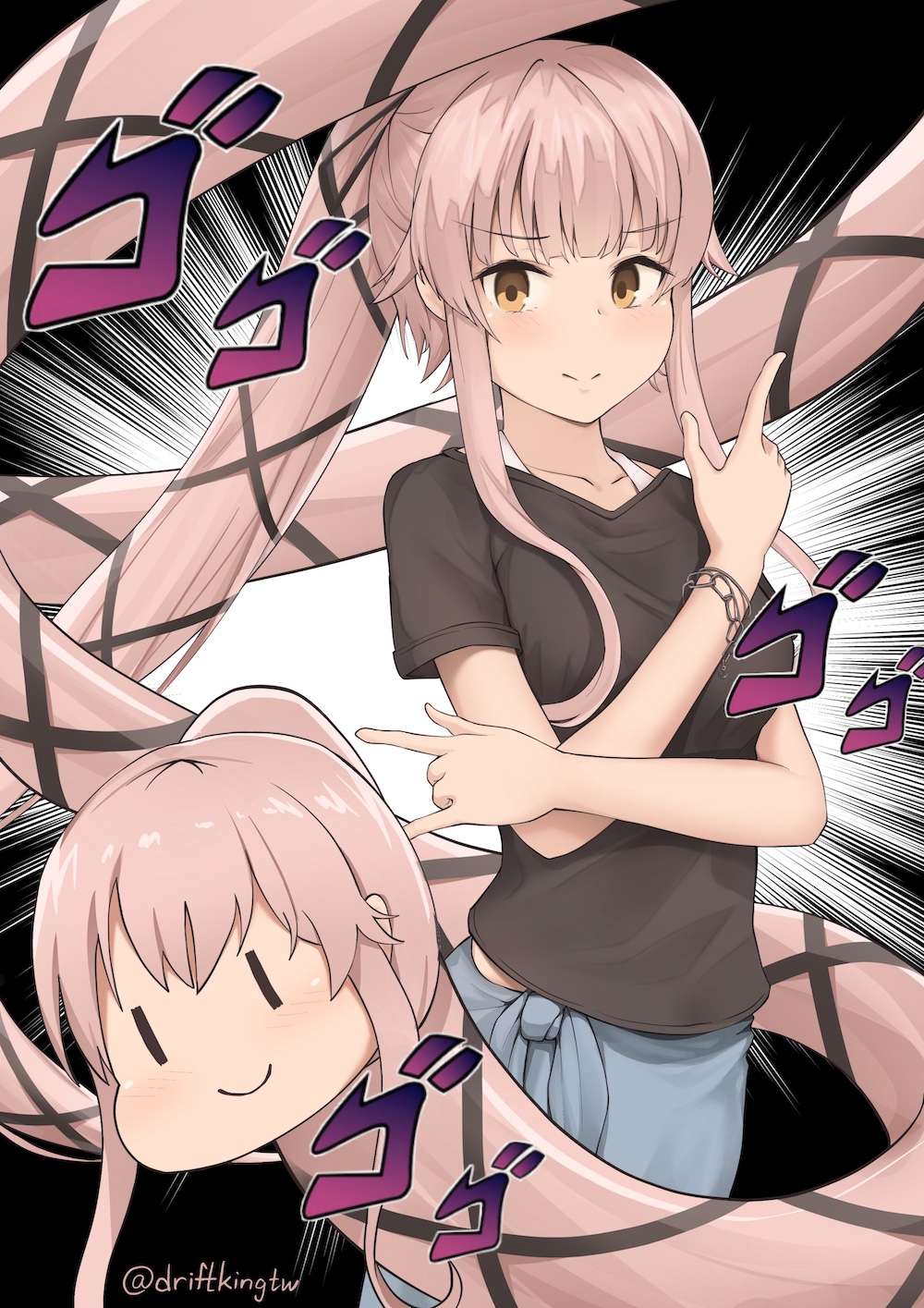 1girl absurdly_long_hair black_ribbon black_shirt blue_sarong bracelet breasts driftkingtw hair_ribbon highres jewelry jojo_pose kantai_collection long_hair menacing_(jojo) official_alternate_costume orange_eyes pink_hair ribbon sarong shirt short_sleeves sidelocks small_breasts smile solo twitter_username very_long_hair yura_(kancolle) yura_(snake) yura_(swimsuit)_(kancolle)