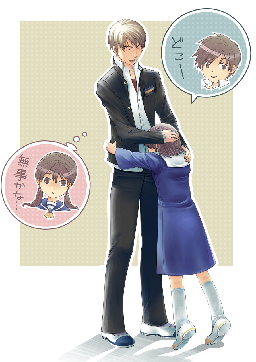 2boys 2girls blonde_hair brown_eyes brown_hair corpse_party closed_eyes hairband hand_on_another&#039;s_head highres hug kishinuma_yoshiki mochida_satoshi mochida_yuka multiple_boys multiple_girls nno_(artist) school_dress school_uniform shinozaki_ayumi short_hair speech_bubble thought_bubble twintails