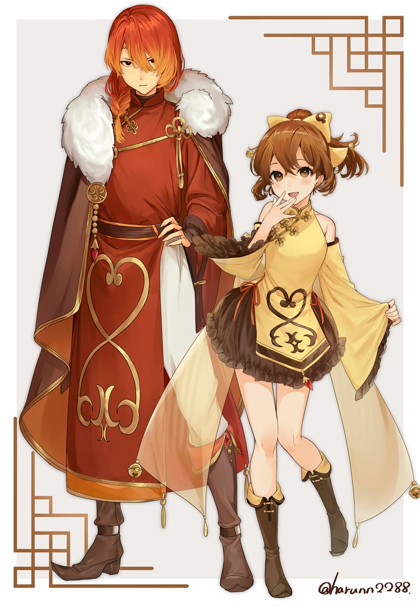 1boy 1girl alternate_costume brown_eyes brown_hair china_dress chinese_clothes delthea_(fire_emblem) dress fire_emblem fire_emblem_echoes:_shadows_of_valentia hair_ribbon haru_(nakajou-28) luthier_(fire_emblem) nintendo orange_hair ponytail ribbon siblings white_background