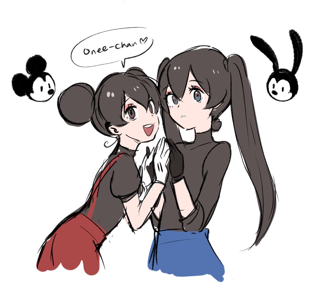 2boys 2girls blue_eyes brown_eyes disney double_bun english_text genderswap genderswap_(mtf) gloves hair_bun himuhino humanization long_hair mickey_mouse mickey_mouse_&amp;_friends mouse_(animal) multiple_boys multiple_girls oswald_the_lucky_rabbit rabbit siblings sisters speech_bubble suspenders twintails