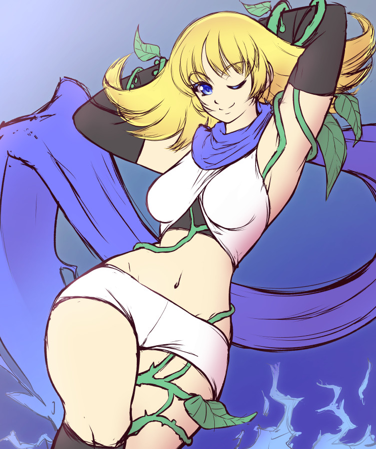 1girl arms_behind_head blonde_hair blue_background blue_eyes blue_scarf breasts electricity gradient_background kid_icarus kid_icarus_uprising leaf looking_at_viewer mazume medium_breasts midriff navel nintendo one_eye_closed phosphora plant scarf shorts solo vines white_shorts
