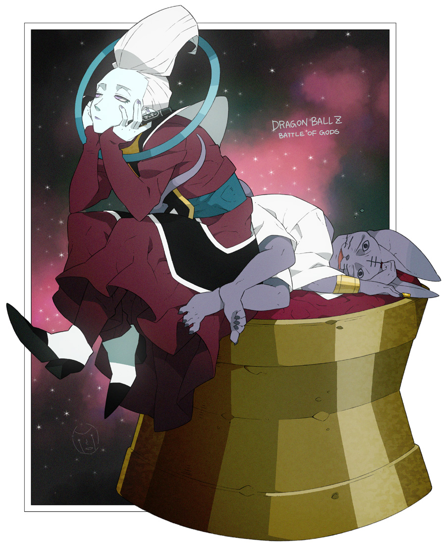 2boys animal_ears bracelet cat_ears colored_skin crayon dragon_ball dragonball_z dragonball_z_battle_of_gods god_of_destruction_beerus jewelry monster multiple_boys no_humans okamaru_shikhi purple_skin shoes sleeping whis white_hair wristband