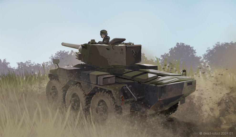 1girl alvis_saladin cannon dead-robot dust grass military military_vehicle motor_vehicle original outdoors solo tank tank_turret tree vehicle_focus wheel