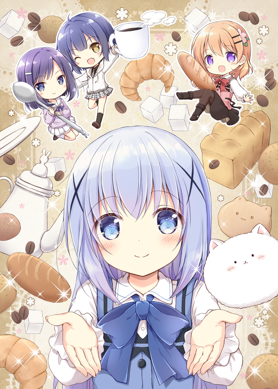 4girls :d ;d angora_rabbit animal baguette black_footwear black_shirt black_socks blazer blue_bow blue_eyes blue_hair blue_vest blush boots bow bread brown_eyes brown_footwear brown_hair brown_pantyhose chibi closed_mouth coffee coffee_beans collared_shirt commentary_request cup dress_shirt fang food fuiba_fuyu gochuumon_wa_usagi_desu_ka? hair_between_eyes hair_ornament hairclip highres holding holding_cup holding_food holding_spoon hoto_cocoa jacket jouga_maya kafuu_chino kneehighs long_sleeves mini_person minigirl multiple_girls nanase_miori necktie one_eye_closed open_mouth pantyhose pink_vest plaid_clothes plaid_necktie plaid_skirt pleated_skirt puffy_long_sleeves puffy_sleeves purple_eyes purple_hair purple_shirt rabbit rabbit_house_uniform sailor_collar school_uniform serafuku shirt skirt smile socks spoon steam tippy_(gochiusa) vest waitress white_jacket white_sailor_collar white_shirt white_skirt white_socks x_hair_ornament
