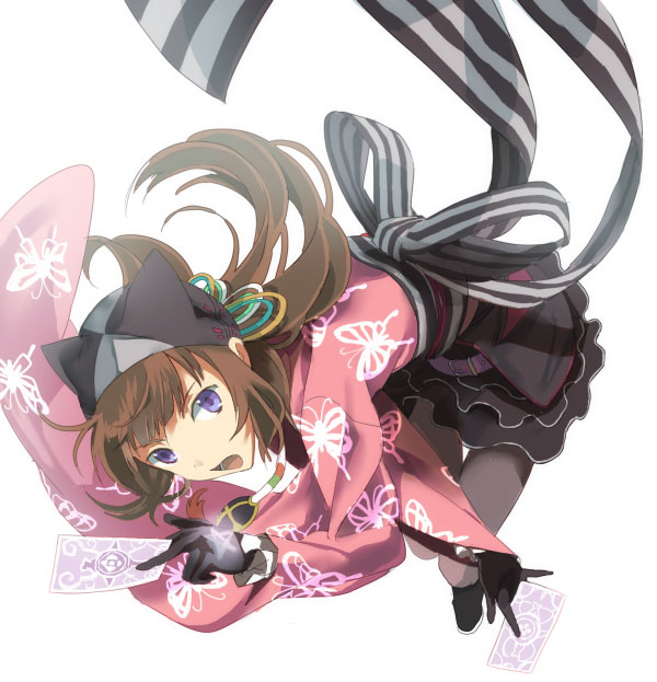 1girl bad_id bad_pixiv_id brown_hair card female_focus gloves hat holding holding_card long_hair neon sigma_harmonics solo square_enix tanu tsukiyumi_neon
