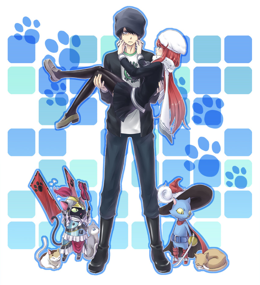 10s 1boy 1girl bad_id bad_pixiv_id ban_airi beanie black_hair black_thighhighs boots cait_sith_(megami_tensei) carrying cat couple demon_(megami_tensei) devil_survivor_(series) devil_survivor_2 hands_on_another&#039;s_face hat hetero jacket long_hair neko_shogun oto_nagi paw_print pinching popped_collar pout princess_carry red_hair revision scarf school_uniform short_hair sidelocks simple_background thighhighs torii_jungo very_long_hair zettai_ryouiki