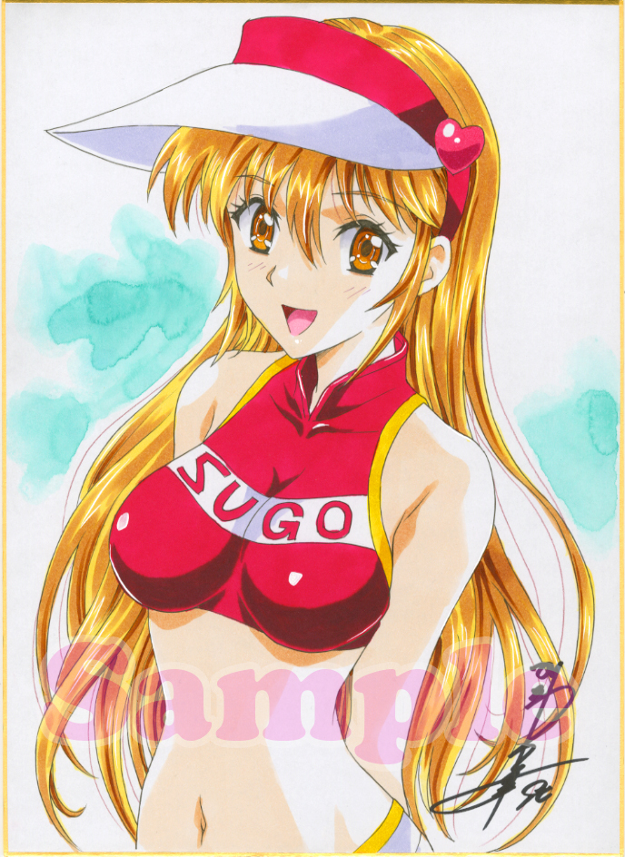 1girl 1990s_(style) arms_behind_back bare_shoulders breasts brown_eyes brown_hair cleavage clothes_writing collarbone crop_top future_gpx_cyber_formula halterneck high_collar kawarajima_kou light_brown_hair long_hair looking_at_viewer medium_breasts midriff navel open_mouth race_queen sample_watermark skirt smile solo sugou_asuka traditional_media very_long_hair visor_cap watermark