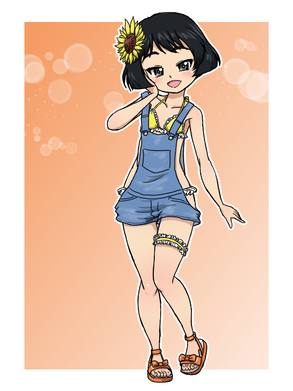 1girl bikini black_hair blush breasts flower frilled_bikini frills full_body girls_und_panzer gradient_background grey_eyes hair_flower hair_ornament hand_on_own_cheek hand_on_own_face looking_at_viewer open_mouth orange_background overalls sandals short_hair simple_background small_breasts smile solo swimsuit takahashi_kurage utsugi_yuuki yellow_bikini