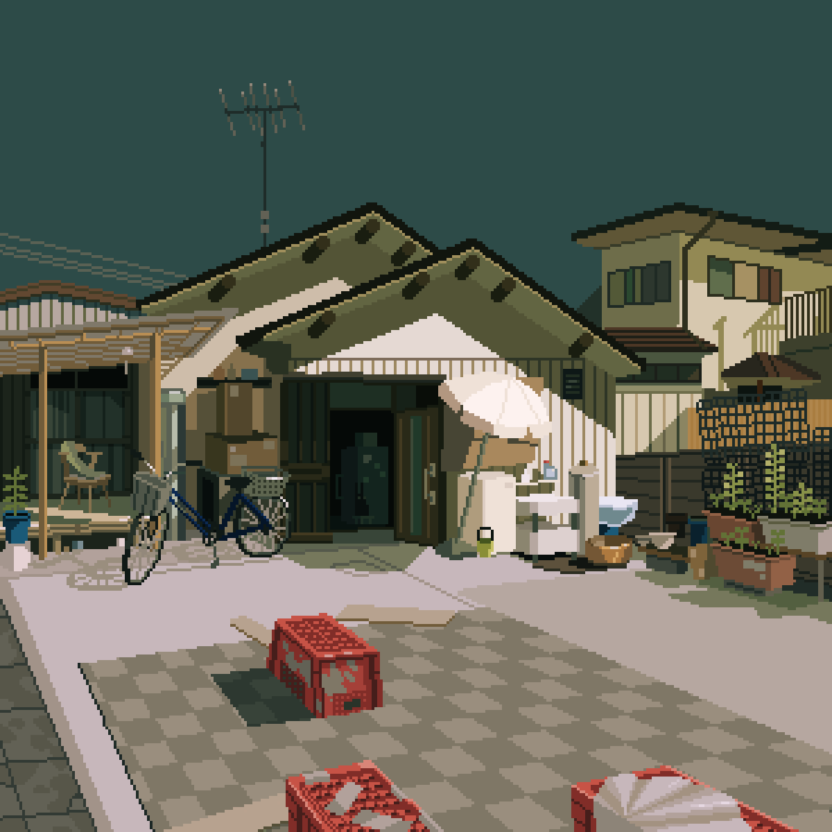 animated animated_gif bicycle building day garage garden highres original outdoors pixel_art plant potted_plant scenery waneella wind wind_chime