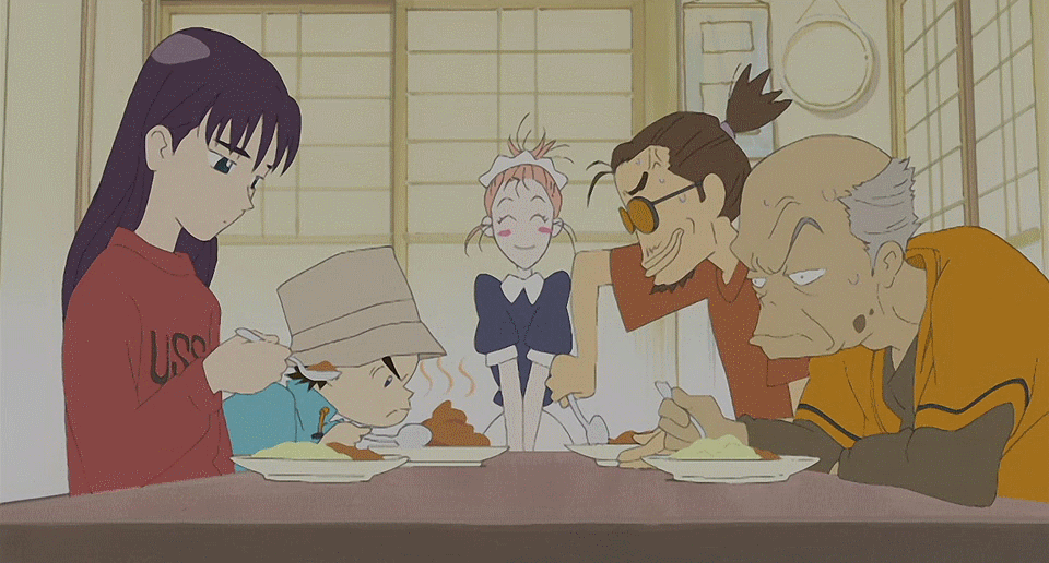 00s 2girls 3boys ^_^ angry animated animated_gif bald blush blush_stickers curry curry_rice dark_skin dark-skinned_male eating closed_eyes flcl food gainax happy haruhara_haruko indoors long_hair multiple_boys multiple_girls nandaba_kamon nandaba_naota nandaba_shigekuni ninamori_eri rice sad short_hair
