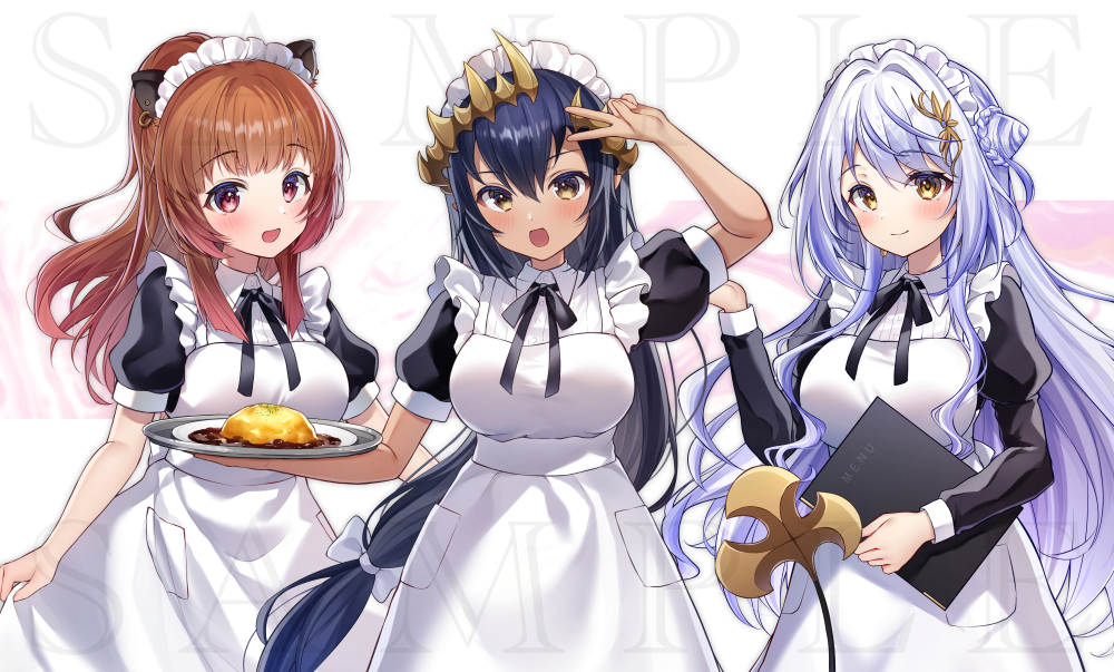 3girls :d alternate_costume apron arm_up black_dress black_hair breasts brown_eyes brown_hair closed_mouth commentary_request dress enmaided frilled_apron frills grey_hair gyozanuko hair_between_eyes holding holding_tray juliet_sleeves kohaku_yuri long_sleeves maid maid_apron maid_headdress medium_breasts multiple_girls nanashi_inc. open_mouth plate ponytail puffy_short_sleeves puffy_sleeves red_eyes sample_watermark shimamura_charlotte short_sleeves smile tail tray virtual_youtuber watermark white_apron yunohara_izumi