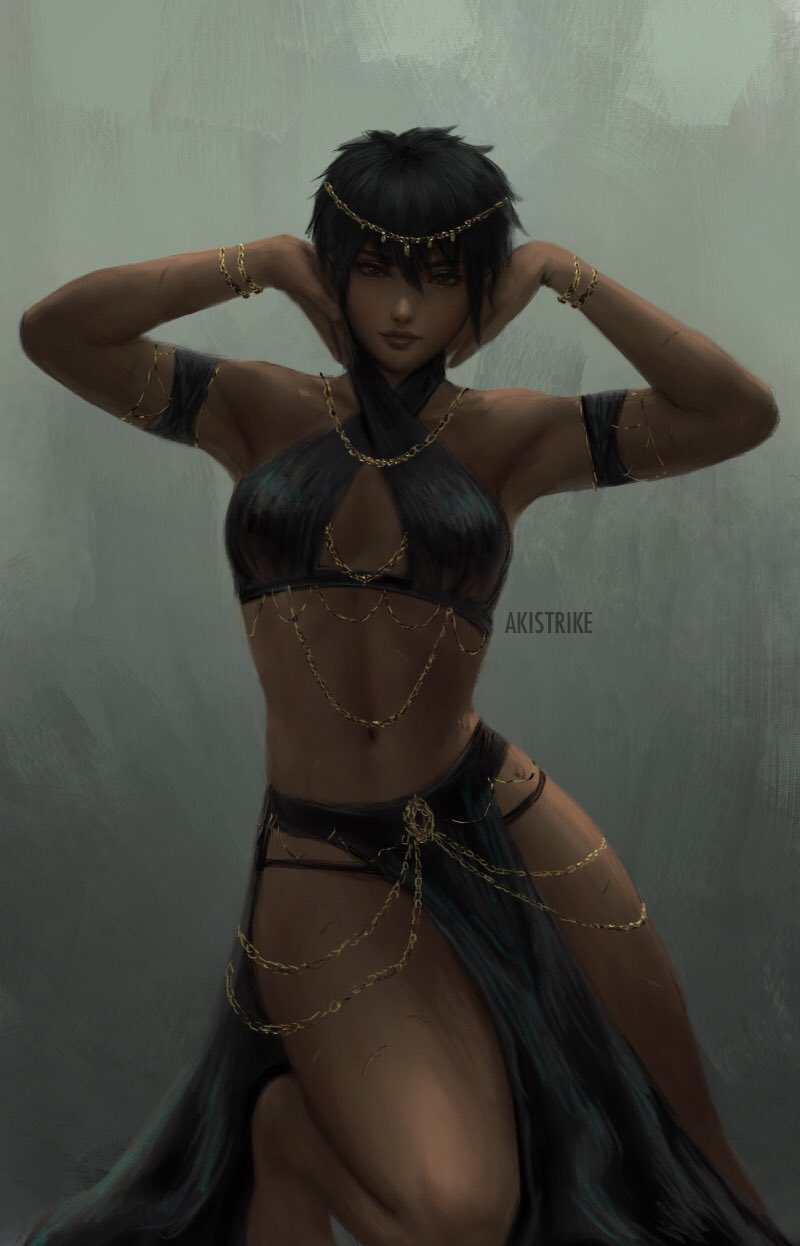 1girl aki_(akistrike) alternate_costume berserk black_bra black_hair black_skirt bra breasts casca_(berserk) chain dark-skinned_female dark_skin gold_chain harem_outfit highres pelvic_curtain short_hair side_slit skirt small_breasts solo toned toned_female underwear yomorio_lingerie