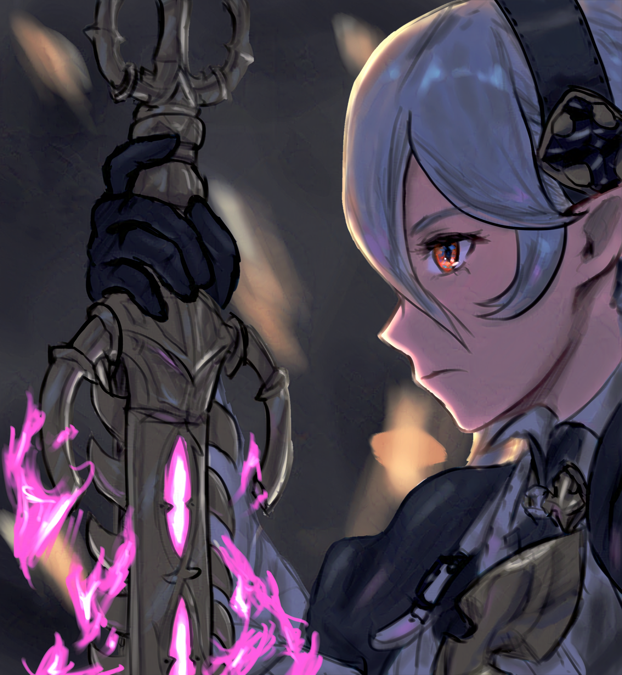 1girl ahoge armor black_gloves black_hairband clenched_hand collared_shirt female_corrin_(fire_emblem) doodlingneko energy eyelashes facing_to_the_side female_focus fire_emblem fire_emblem_fates from_side gloves grey_hair hair_between_eyes hair_ornament hairband hand_up highres holding holding_sword holding_weapon intelligent_systems long_hair looking_afar nintendo pointy_ears profile red_eyes serious shirt sidelocks standing sword upper_body weapon yato_(fire_emblem)