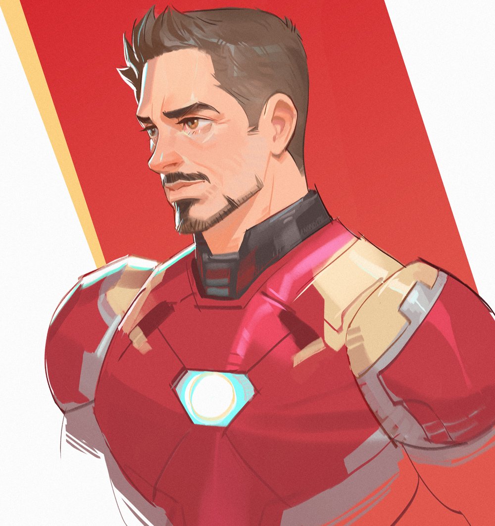 1boy anonoite arc_reactor armor artist_name border brown_eyes brown_hair closed_mouth facial_hair full_armor grey_armor iron_man iron_man_(series) looking_to_the_side male_focus marvel marvel_cinematic_universe multicolored_armor outside_border power_armor red_armor red_background short_hair simple_background smile solo tony_stark upper_body white_background white_border yellow_armor