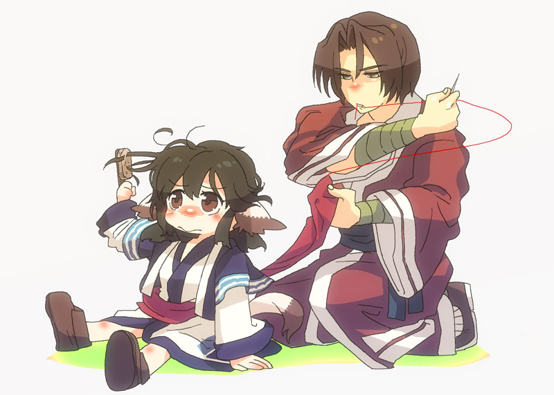 1boy 1girl animal_ears aruruu astsm benawi black_hair brown_eyes dog_ears hair_brush japanese_clothes long_hair messy_hair tail thread tokiwa_tsuneba utawarerumono