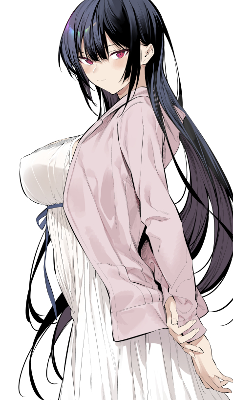 1girl arms_behind_back black_hair blush breasts closed_mouth commentary_request dress from_side haite_kudasai_takamine-san hiiragi_yuuichi jacket large_breasts long_hair looking_at_viewer looking_to_the_side open_clothes open_jacket pink_jacket red_eyes simple_background solo takamine_takane white_background white_dress