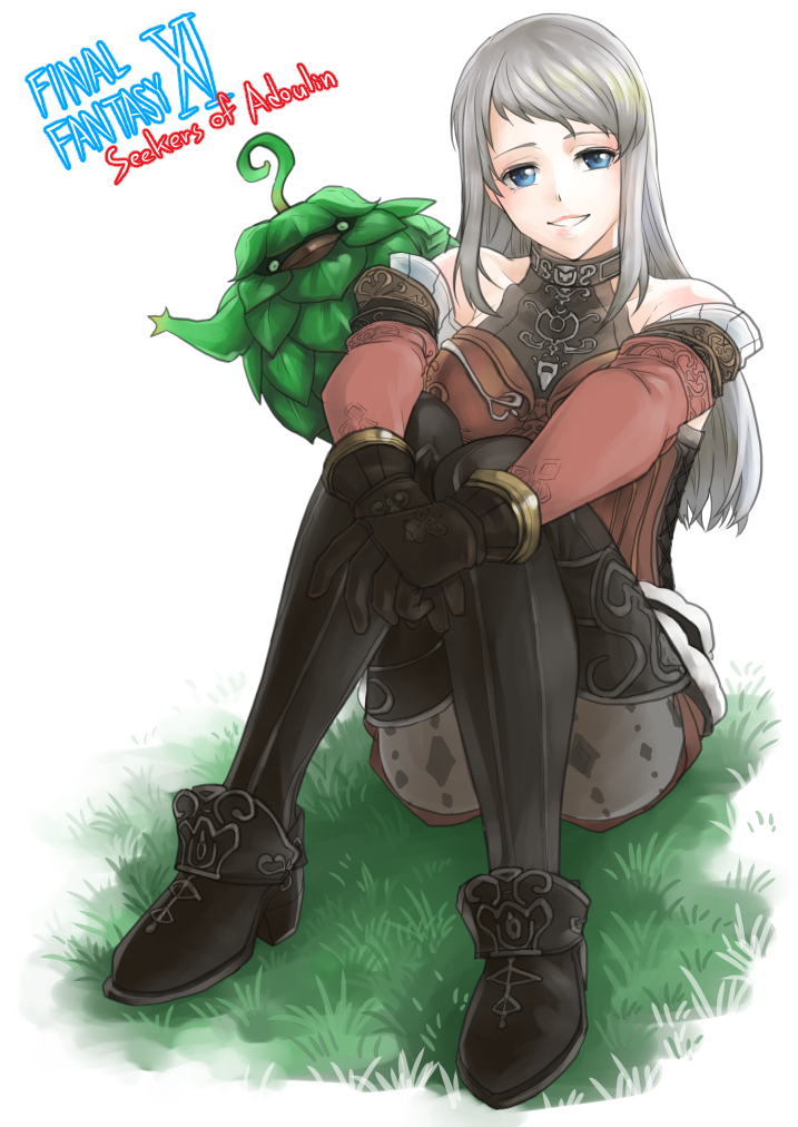 1girl arciela_v_adoulin bare_shoulders black_boots black_gloves black_thighhighs blue_eyes boots breasts brown_jumpsuit copyright_name covered_collarbone creature detached_sleeves diamond_(shape) final_fantasy final_fantasy_xi full_body gloves grass grey_hair grey_pantyhose hume jumpsuit knees_together_feet_apart leafkin long_hair long_sleeves looking_at_viewer medium_breasts pantyhose print_pantyhose red_sleeves saginada short_jumpsuit simple_background sitting smile solo thigh_boots thighhighs white_background