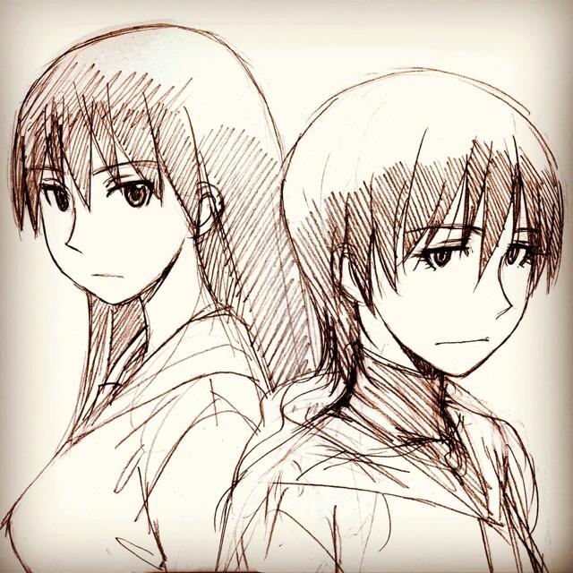 2girls azuma_kiyohiko azumanga_daiou back-to-back brown_background closed_mouth commentary expressionless eyelashes greyscale hair_between_eyes hatching long_hair looking_at_viewer monochrome multiple_girls sakaki_(azumanga_daioh) school_uniform sepia serafuku short_hair sketch torako_(yotsubato!) turtleneck very_short_hair yotsubato!