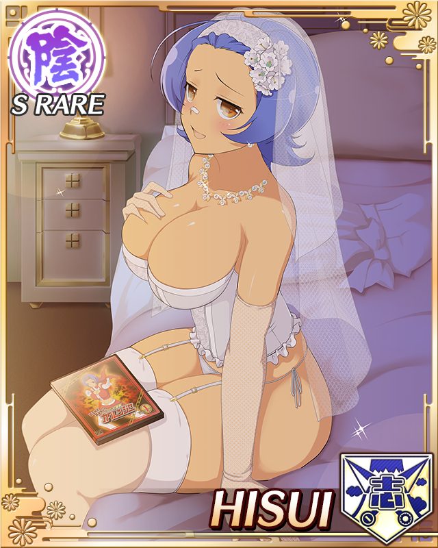 1girl bandage_on_nose bedroom blue_hair breasts bridal_legwear bridal_lingerie bridal_veil bride brown_eyes card_(medium) dark-skinned_female dark_skin dress dvd_case english_text game_cg garter_belt garter_straps hand_on_own_chest hisui_(senran_kagura) indoors jewelry lace lace-trimmed_thighhighs lace_trim large_breasts lingerie looking_at_viewer looking_to_the_side necklace non-web_source nontraditional_wedding_dress official_alternate_costume official_art on_bed open_mouth panties parted_bangs senran_kagura senran_kagura_new_wave short_hair skindentation smile tan thighhighs underwear veil wedding_dress white_garter_belt white_garter_straps white_panties white_thighhighs