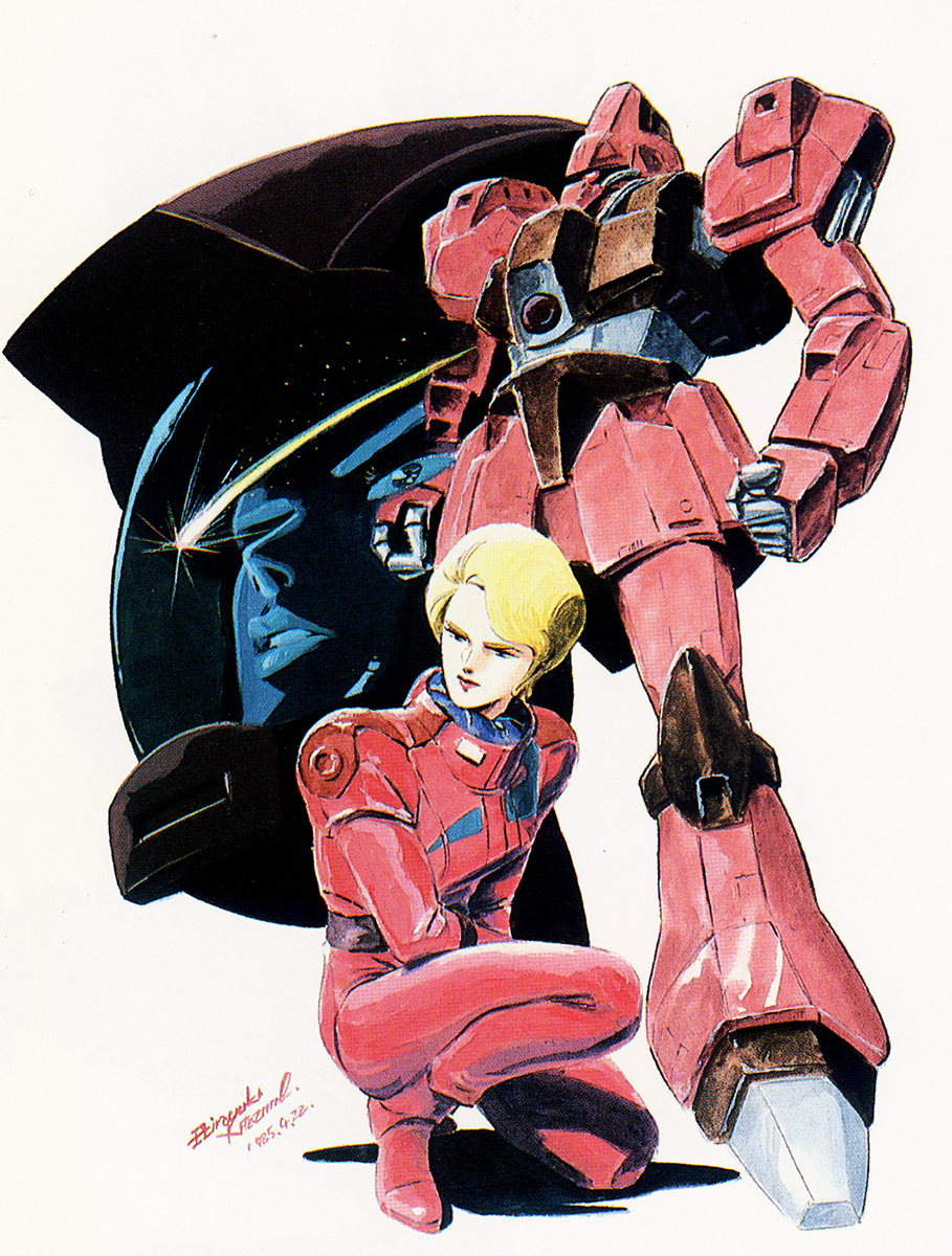1985 1girl blonde_hair dated dual_persona galbaldy_beta gundam helmet highres kitazume_hiroyuki kneeling lila_milla_rira looking_to_the_side mecha mobile_suit one-eyed painting_(medium) pilot_suit robot scan science_fiction shadow signature titans_(gundam) traditional_media zeta_gundam