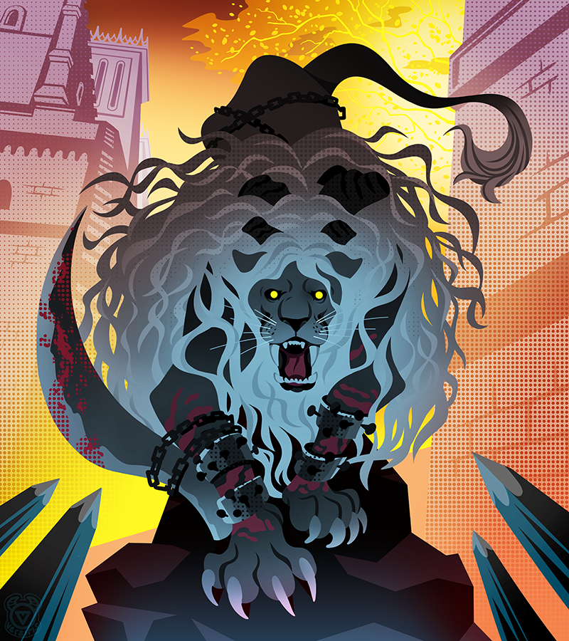 animal_focus arm_blade chain elden_ring lion lion_guardian_(elden_ring) looking_at_viewer no_humans open_mouth versiris weapon yellow_eyes
