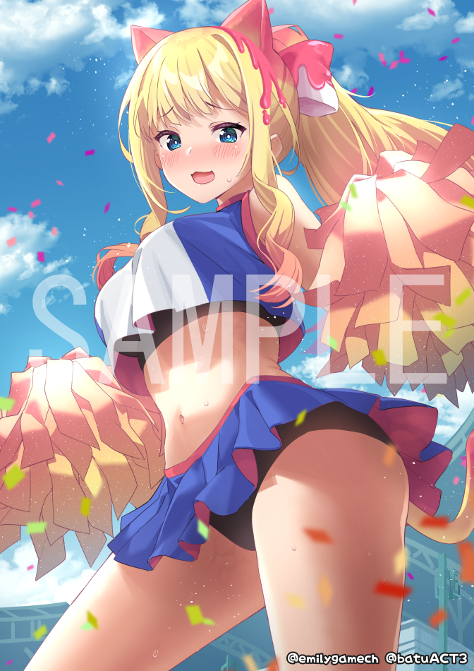 1girl :d animal_ears batsu black_bra black_panties blonde_hair blue_eyes blue_shirt blue_skirt blue_sky blurry blurry_foreground blush bow bra breasts cat_ears cat_girl cat_tail cheerleader cloud commentary_request confetti crop_top day depth_of_field hair_bow holding medium_breasts midriff navel open_mouth original outdoors panties pleated_skirt pom_pom_(cheerleading) ponytail sample_watermark shirt skirt sky sleeveless sleeveless_shirt smile solo stadium sweat tail underwear watermark white_bow