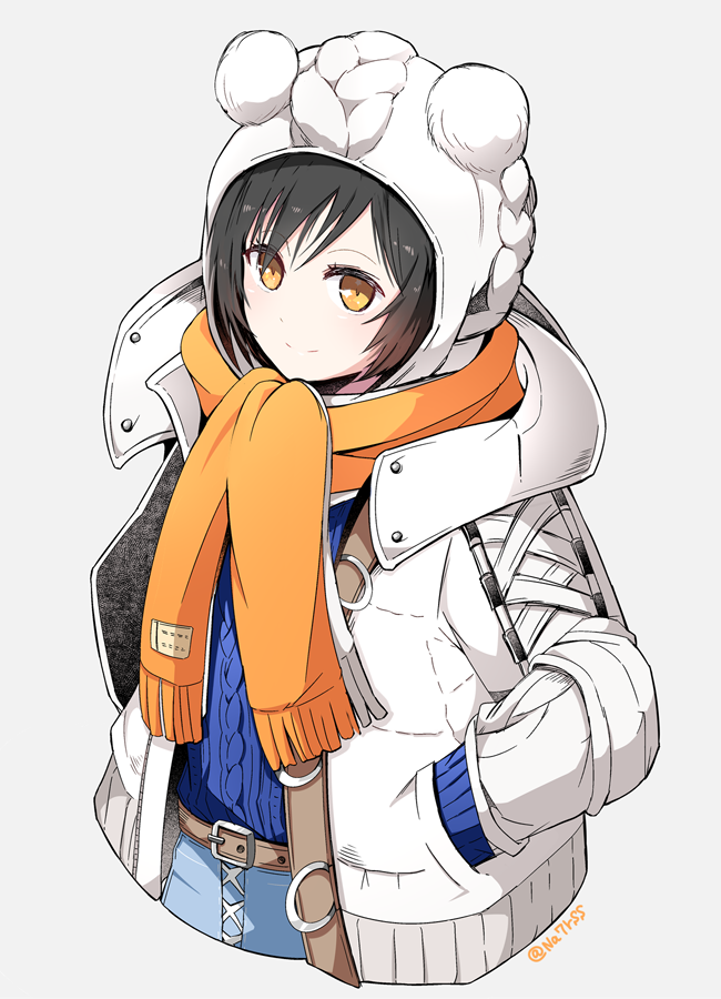 1girl black_hair blue_shorts blue_sweater brown_hair cable_knit coat cropped_legs final_fantasy final_fantasy_vii final_fantasy_vii_ever_crisis from_above grey_background hands_in_pockets knit_hat knit_sweater light_smile looking_at_viewer nanao_(zonzonsh) official_alternate_costume orange_scarf pom_pom_hat_ornament scarf short_hair shorts solo sweater twitter_username white_coat winter_clothes winter_coat yuffie_kisaragi yuffie_kisaragi_(winter_moogle)