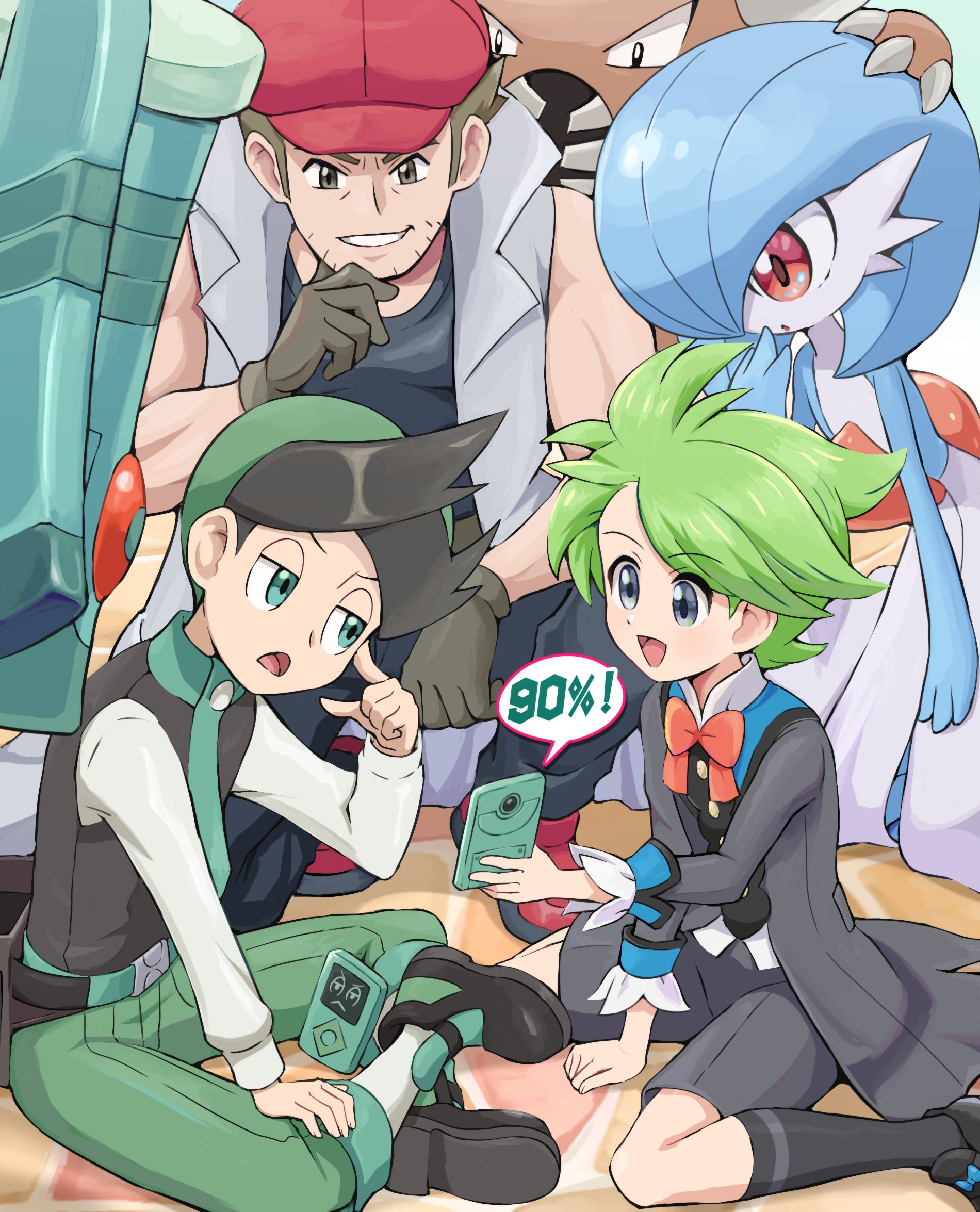 3boys :d alternate_color belt black_footwear black_hair bronzong capri_pants commentary_request gardevoir gen_1_pokemon gen_3_pokemon gen_4_pokemon gloves green_eyes green_hair green_necktie green_pants grey_eyes hat highres holding male_focus multicolored_hair multiple_boys necktie nintendo noland_(pokemon) open_mouth pants pinsir pokemoa pokemon pokemon_(creature) pokemon_dppt pokemon_emerald pokemon_masters_ex pokemon_platinum pokemon_rse shiny_pokemon shirt shoes shorts sitting smile socks thorton_(pokemon) tongue two-tone_hair wally_(pokemon) wally_(sygna_suit)_(pokemon)