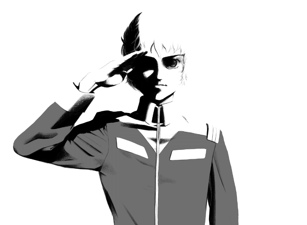 1boy amuro_ray commentary cropped_torso english_commentary greyscale gundam kawoshiki long_sleeves looking_at_viewer male_focus military_uniform mobile_suit_gundam monochrome salute shaded_face shadow short_hair simple_background solo straight-on upper_body white_background