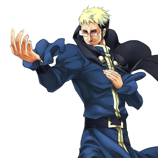 1boy belt black_hair blonde_hair closed_mouth glasses goenitz hand_on_own_chest kuroshiba long_sleeves looking_at_viewer m.u.g.e.n male_focus short_hair sideburns simple_background solo the_king_of_fighters upper_body white_background