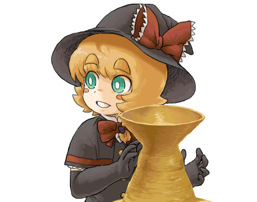 1girl black_gloves blonde_hair blush_stickers bow braid bseibutsu capelet cookie_(touhou) elbow_gloves gloves green_eyes hair_bow hat hat_bow kirisame_marisa looking_to_the_side meguru_(cookie) pottery side_braid smile solo teeth touhou upper_body white_background witch_hat