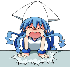 1girl ^_^ bad_source blue_hair blue_trim bracelet closed_eyes commentary_request desk_slam dress furrowed_brow hat ikamusume jewelry long_hair lowres maso_(ascii_art) open_mouth shinryaku!_ikamusume simple_background sleeveless sleeveless_dress solo squid_hat tears tentacle_hair white_background white_dress white_hat