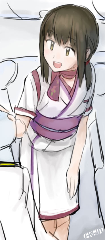 10s 1girl airplane_interior alternate_costume brown_eyes brown_hair ergot flight_attendant fubuki_(kancolle) graphite_(medium) kantai_collection medium_hair open_mouth peach_(airline) ponytail short_sleeves sketch smile traditional_media travel_attendant