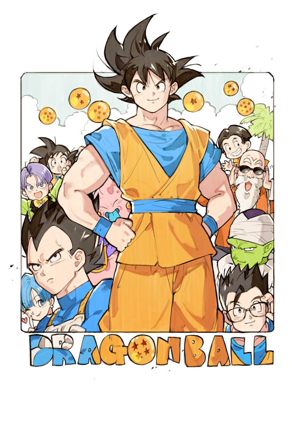 1girl 6+boys adjusting_eyewear armor bald beard black_hair blue_eyes blue_hair blue_shirt blue_tongue blue_wrist_cuffs border bow bowtie bulma child colored_skin colored_tongue dougi dragon_ball dragon_ball_(object) earrings facial_hair furrowed_brow glasses green_jacket green_skin grin hair_slicked_back hands_on_own_hips highres jacket jewelry kuririn majin_buu male_focus multiple_boys muscular muscular_male muten_roushi one_eye_closed orange_dougi orange_pants palm_tree pants parted_bangs pearl_earrings piccolo pink_skin pointy_ears purple_hair shirt short_hair smile son_gohan son_goku spiked_hair starshadowmagician sunglasses teeth tongue tongue_out tree trunks_(dragon_ball) vegeta waving white_border white_hair wrist_cuffs yellow_bow yellow_bowtie