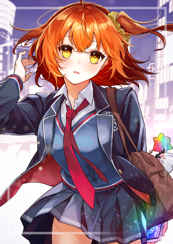 1girl bag black_jacket character_doll collared_shirt cowboy_shot doll fate/grand_order fate_(series) floating_hair fujimaru_ritsuka_(female) grey_skirt grey_sweater hair_ornament hair_scrunchie ichino_tomizuki jacket looking_at_viewer medium_hair miniskirt necktie open_clothes open_jacket open_mouth orange_hair pleated_skirt red_necktie school_uniform scrunchie shirt side_ponytail skirt solo standing sweater white_shirt wing_collar yellow_eyes yellow_scrunchie