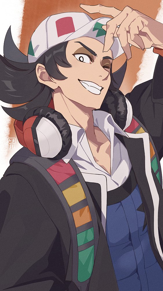 1boy black_eyes blue_vest bright_pupils collared_shirt giacomo_(pokemon) grin hat headphones jacket male_focus nintendo one_eye_closed open_clothes open_jacket pointy_hair poke_ball_print pokemon pokemon_sv shirt smile solo team_star teeth tokiba_nagamu upper_body vest white_hat white_pupils white_shirt