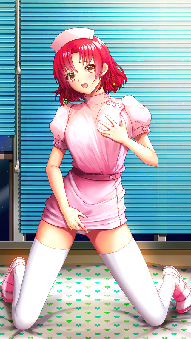 1girl blue_gemstone blush braid doukyuusei_(series) doukyuusei_another_world full_body game_cg gem green_gemstone hat head_tilt indoors kakyuusei_(series) kakyuusei_2 kneeling looking_at_viewer medium_hair nurse_cap open_mouth panties pantyshot pink_sandals red_hair saliva saliva_trail sandals short_sleeves solo spread_legs thighhighs underwear wakai_misaki white_panties white_thighhighs yellow_eyes yellow_gemstone
